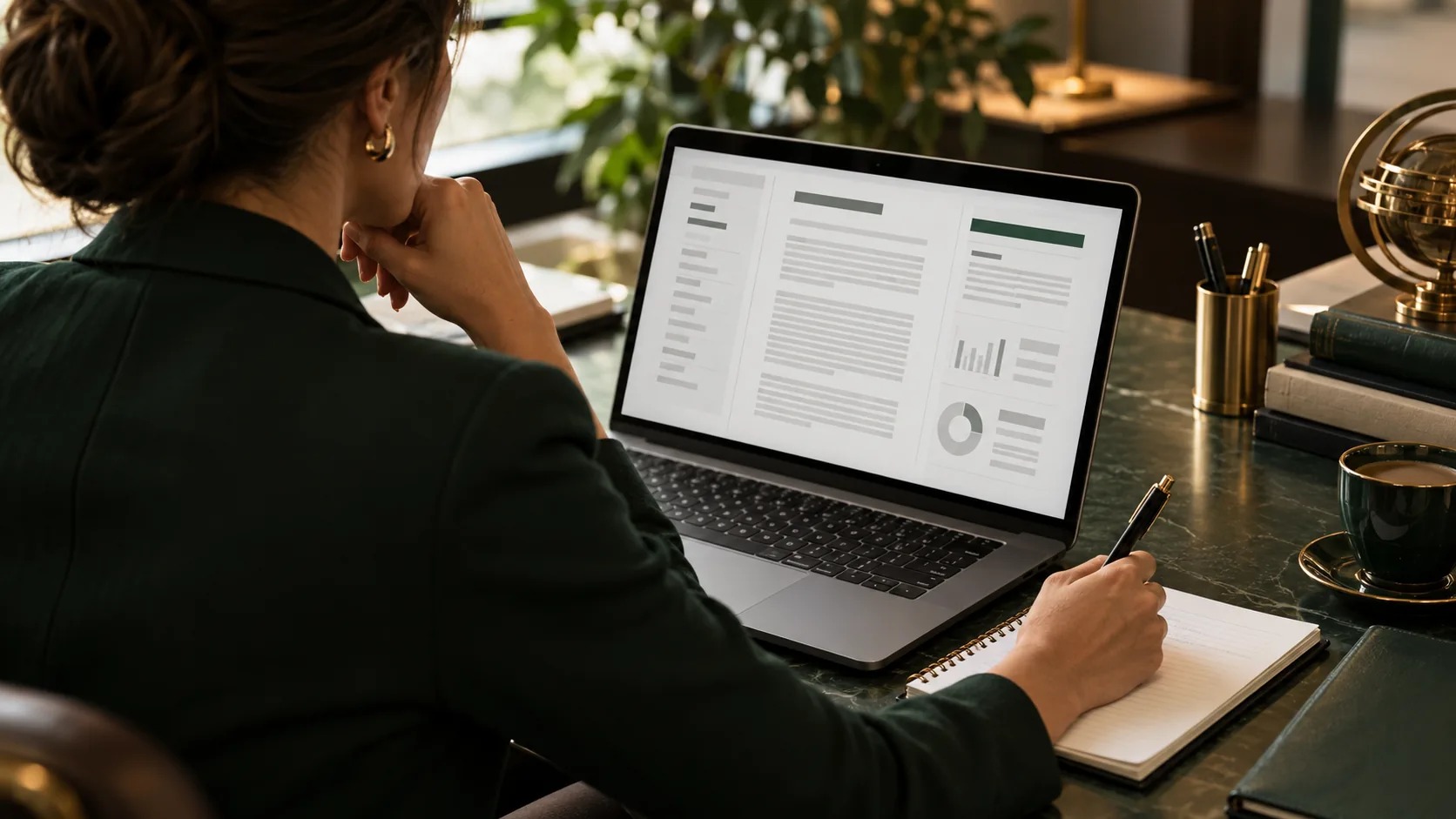 Consulta de processos por CPF em Valinhos Profissional examinando relatório digital e anotando pontos para conferência de registros processuais